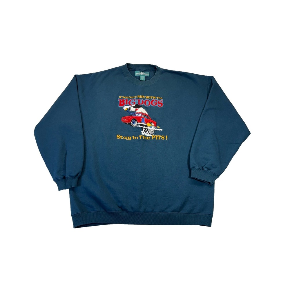 Big Dogs Sweatshirt Mens Large Blue Crew Neck Racing Car Graphic Pullover Funny